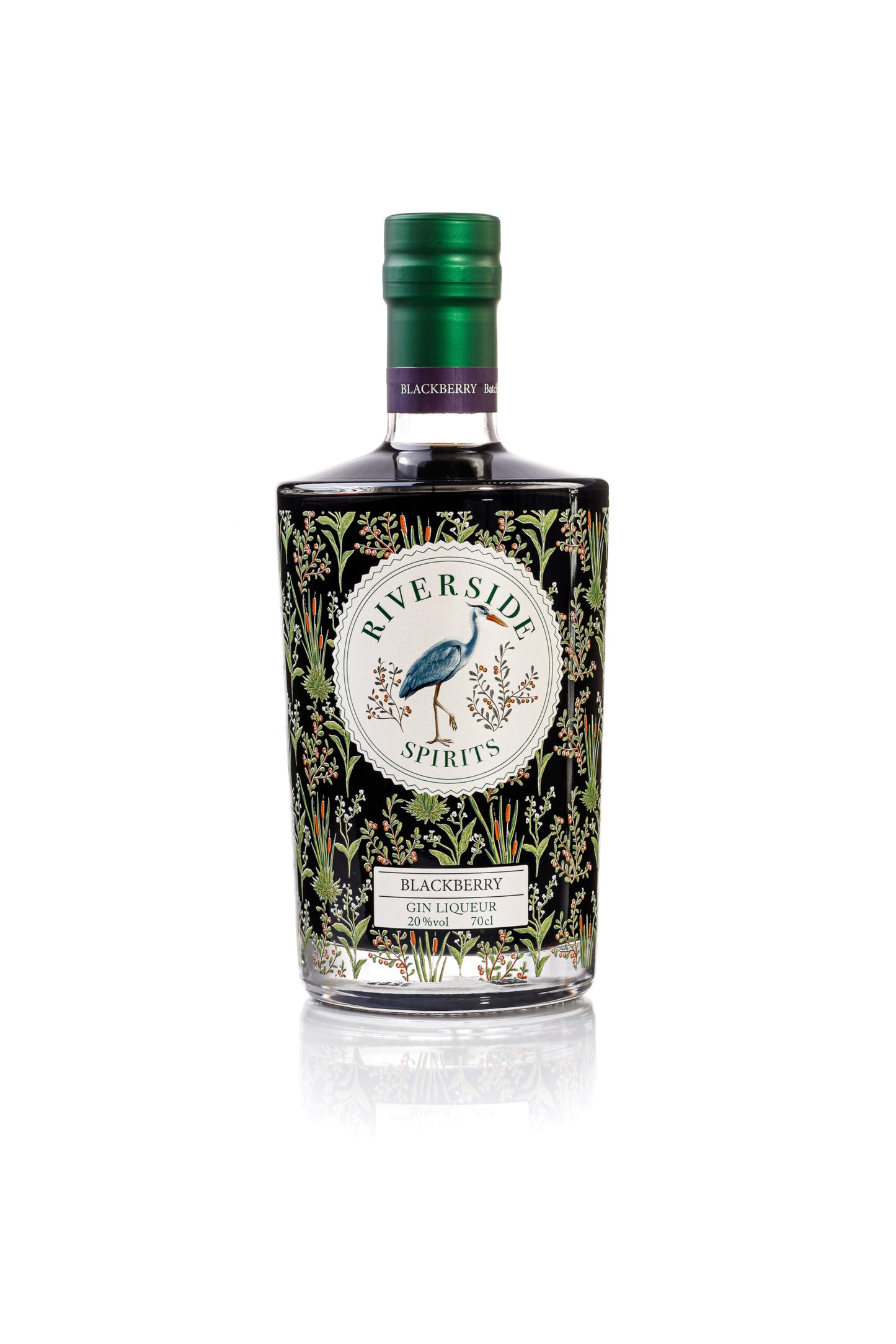 Bottle of Riverside Spirits Blackberry Gin Liqueur on a white background