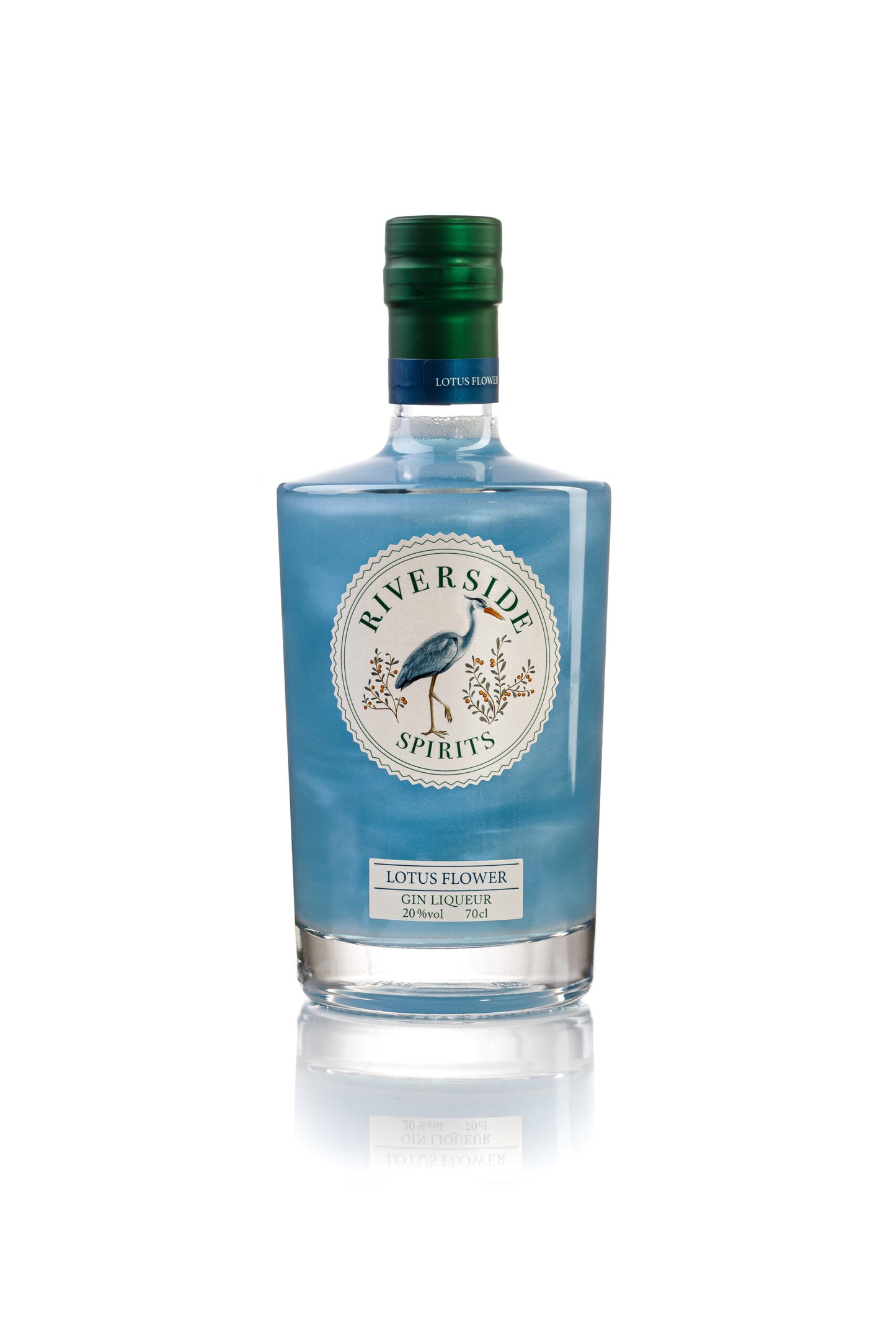 Blue bottle of Riverside Spirit Lotus Flower Gin Liqueur with a green cap on a white background