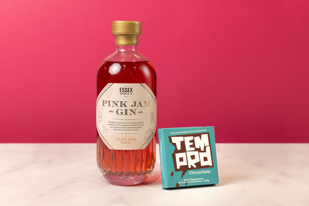 A bottle of Pink Jam Gin from Essex Spirits Company and aTemprd chocolate bar for personalised Birthday Gifts by Stort Valley Gifting