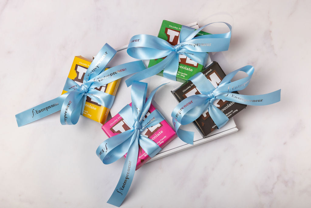 Temprd chocolate bars wrapped in personalised ribbon from Stort Valley Gifting