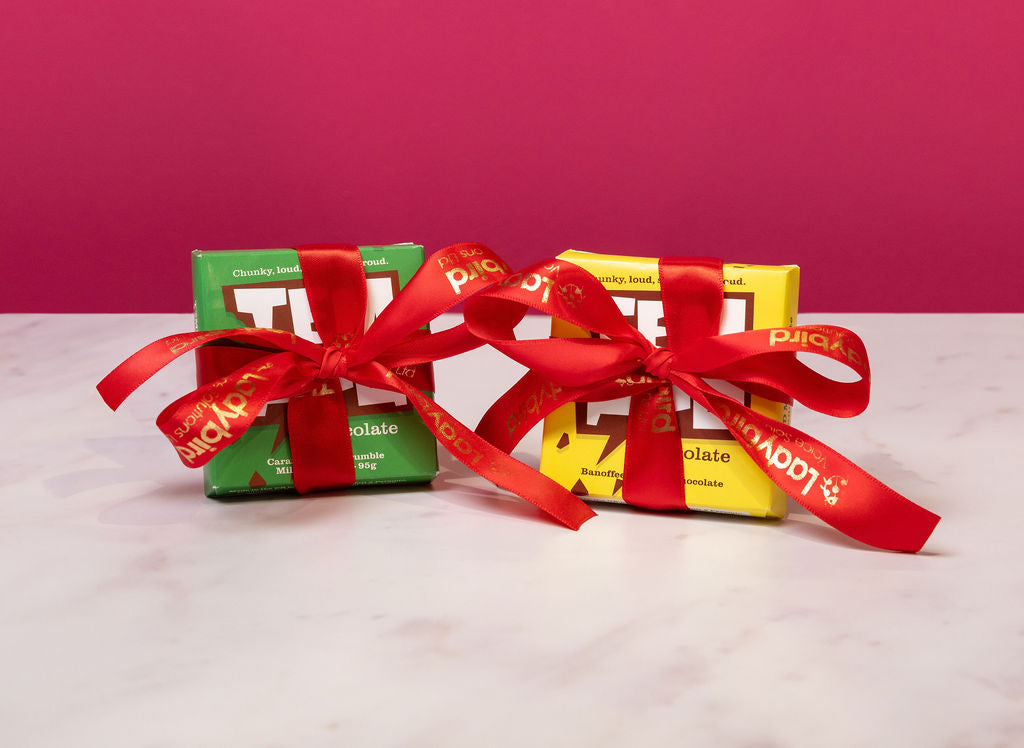 Two Temprd chocolate bards with personalised ribbon from Stort Valley Gifting
