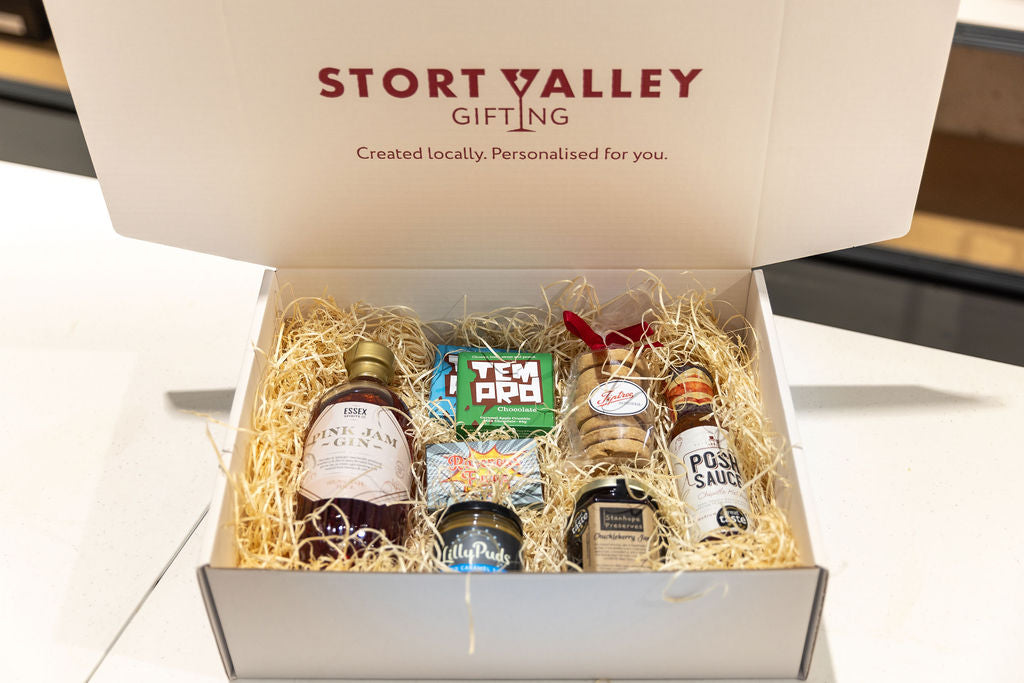 Gift box from Stort Valley Gifting with various items inside.