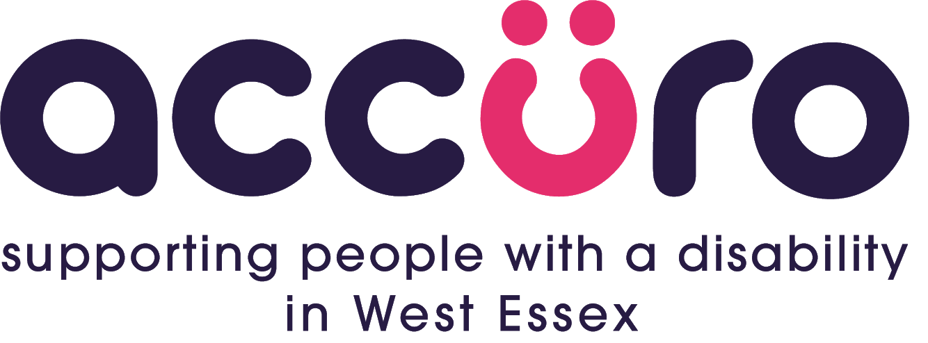Logo of accöro with text 'supporting people with a disability in West Essex' on a white background