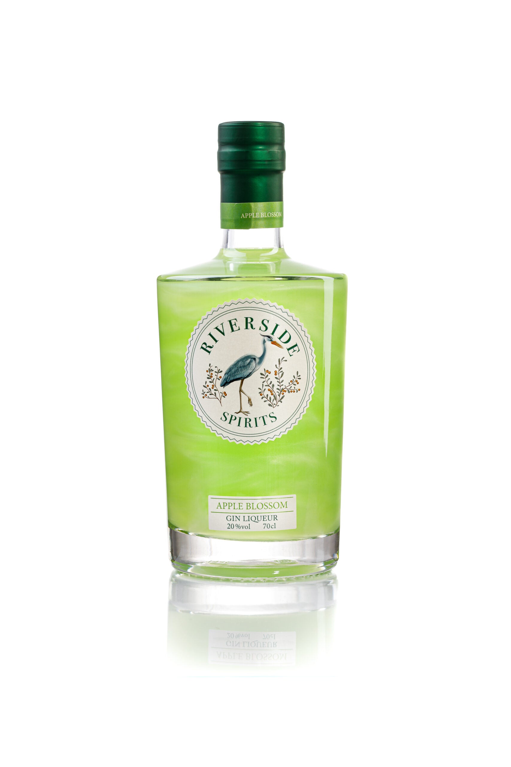 Green bottle of Riverside Spirits Apple Blossom Gin Liqueur on a white background