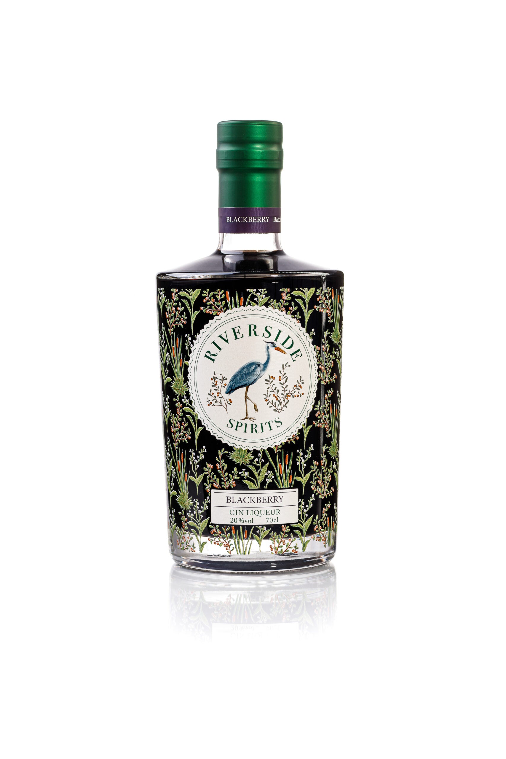 Bottle of Riverside Spirits Blackberry Gin Liqueur on a white background