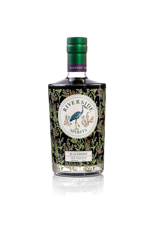 Bottle of Riverside Spirits Blackberry Gin Liqueur on a white background