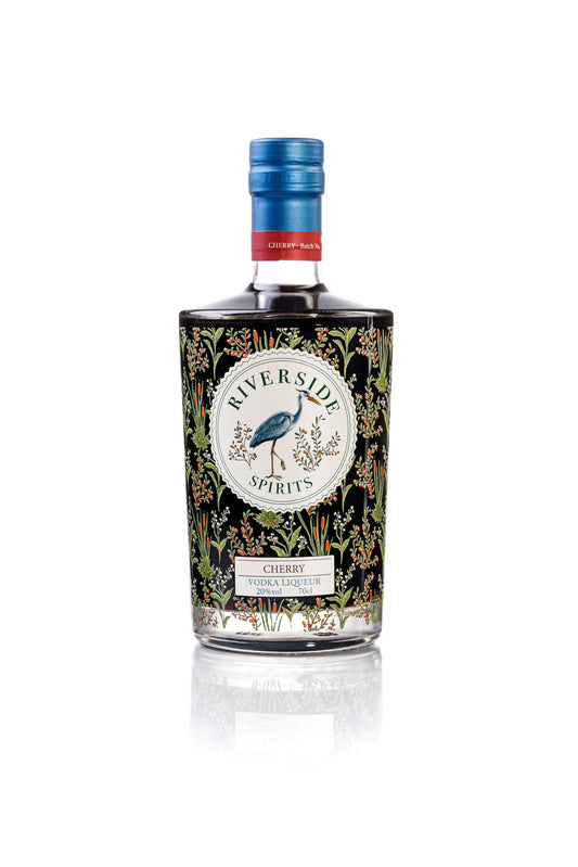 Bottle of Riverside Spirits Cherry Vodka Liqueur on a white background