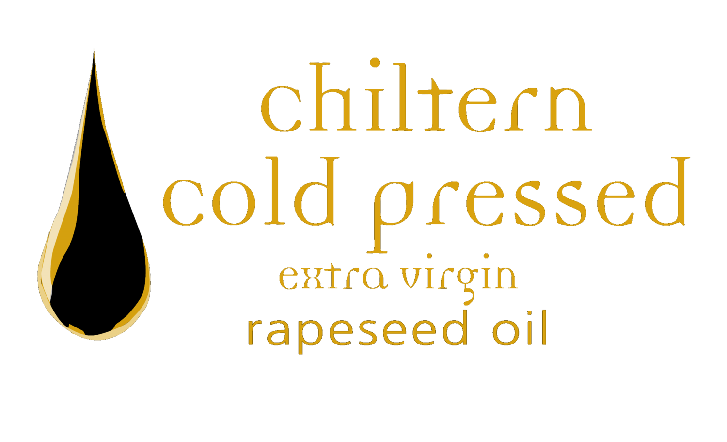 Chiltern cold pressed extra virgin rapeseed oil logo with a black droplet on a white background.