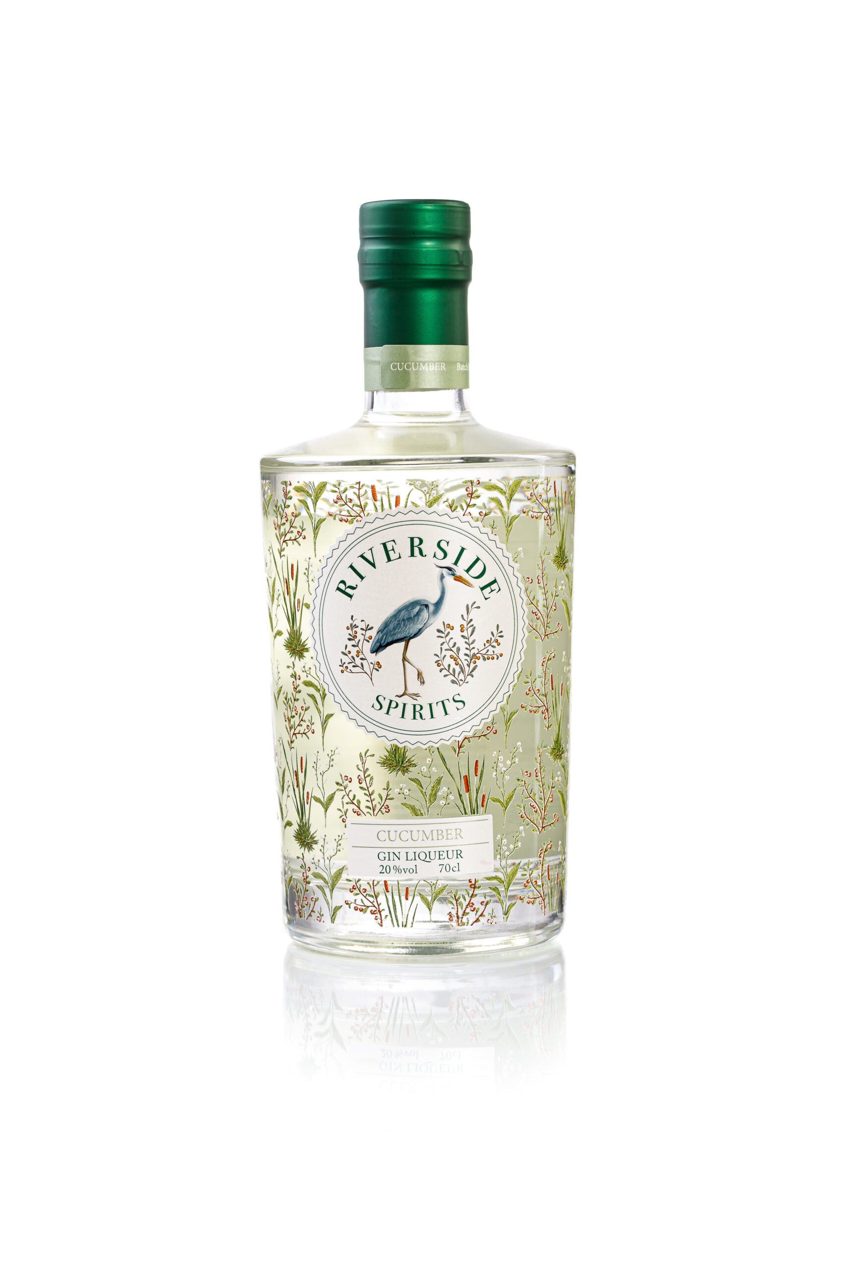 Bottle of Riverside Spirits Cucumber Gin Liqueur on a white background