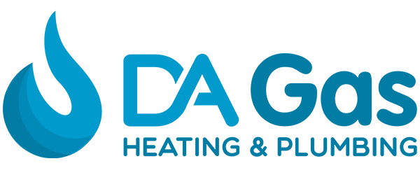 DA Gas Heating & Plumbing logo with blue flame icon on a green background