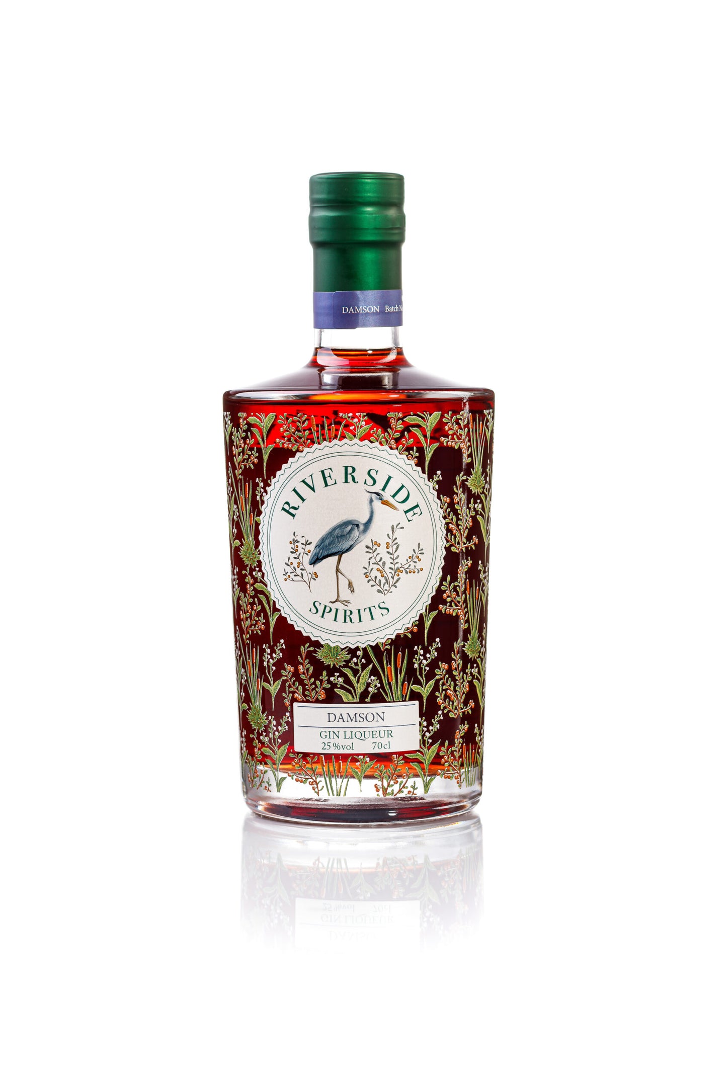 Bottle of Riverside Spirits Damson Gin Liqueur on a white background