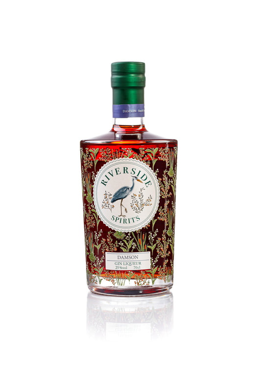 Bottle of Riverside Spirits Damson Gin Liqueur on a white background