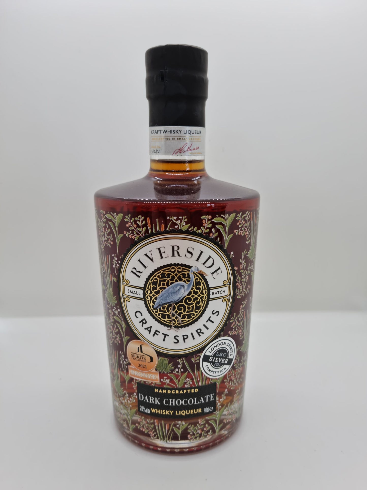 Bottle of Riverside Craft Spirits Dark Chocolate Whiskey Liqueur on a white background available at Stort Valley Gifting