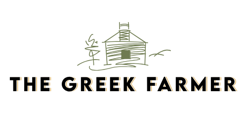 Logo of 'The Greek Farmer' with a stylized illustration of a farmer and a barn on a white background.