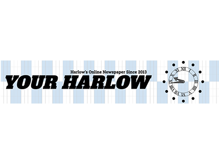Logo for 'Your Harlow' newspaper with text and clock design on a white background