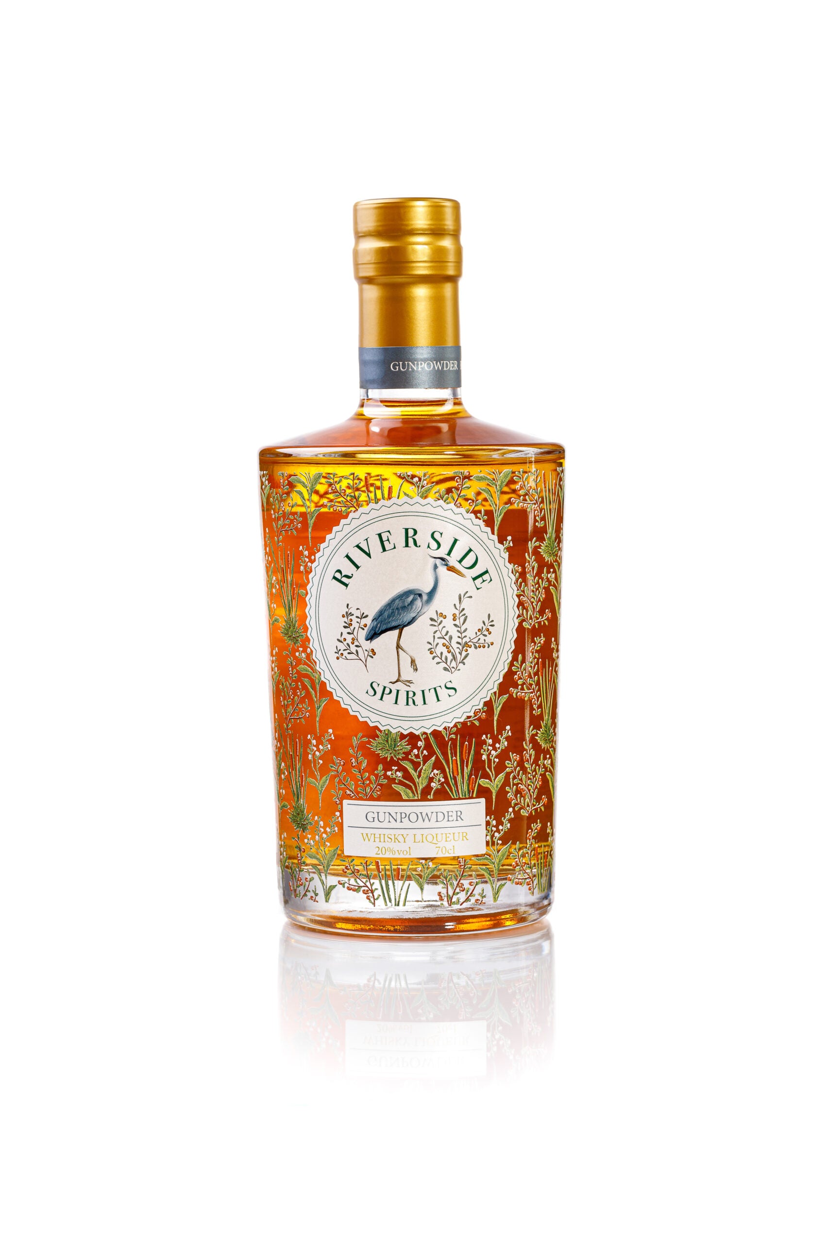 Bottle of Riverside Spirits whiskey liqueur with decorative label on a white background