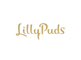Gold 'LillyPuds' logo on a white background