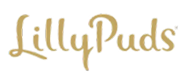 Gold 'LillyPuds' logo on a white background