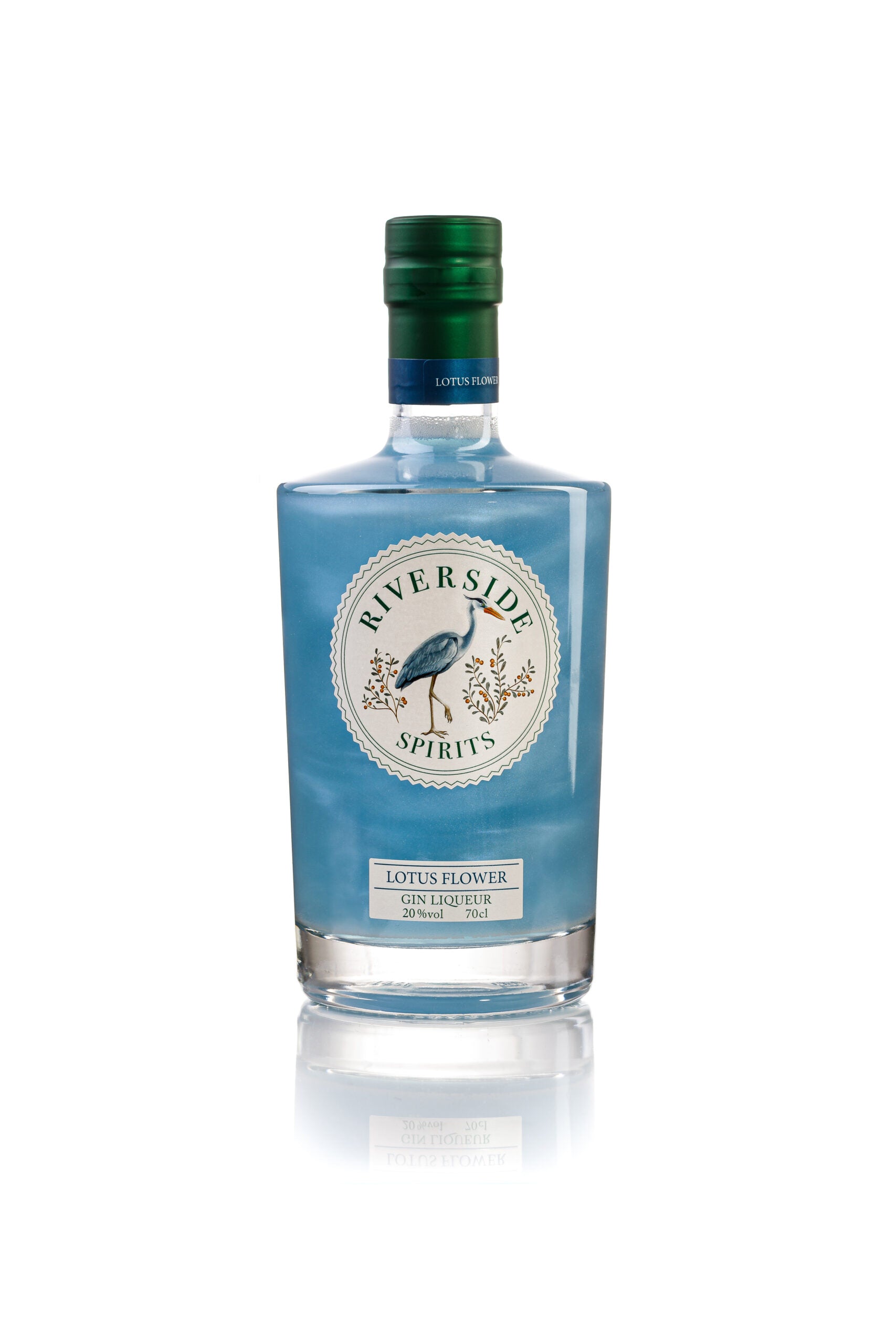 Blue bottle of Riverside Spirit Lotus Flower Gin Liqueur with a green cap on a white background