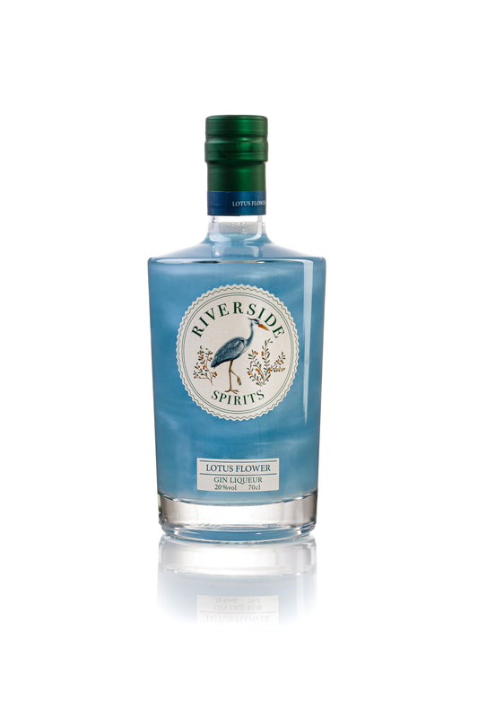 Blue bottle of Riverside Spirit Lotus Flower Gin Liqueur with a green cap on a white background