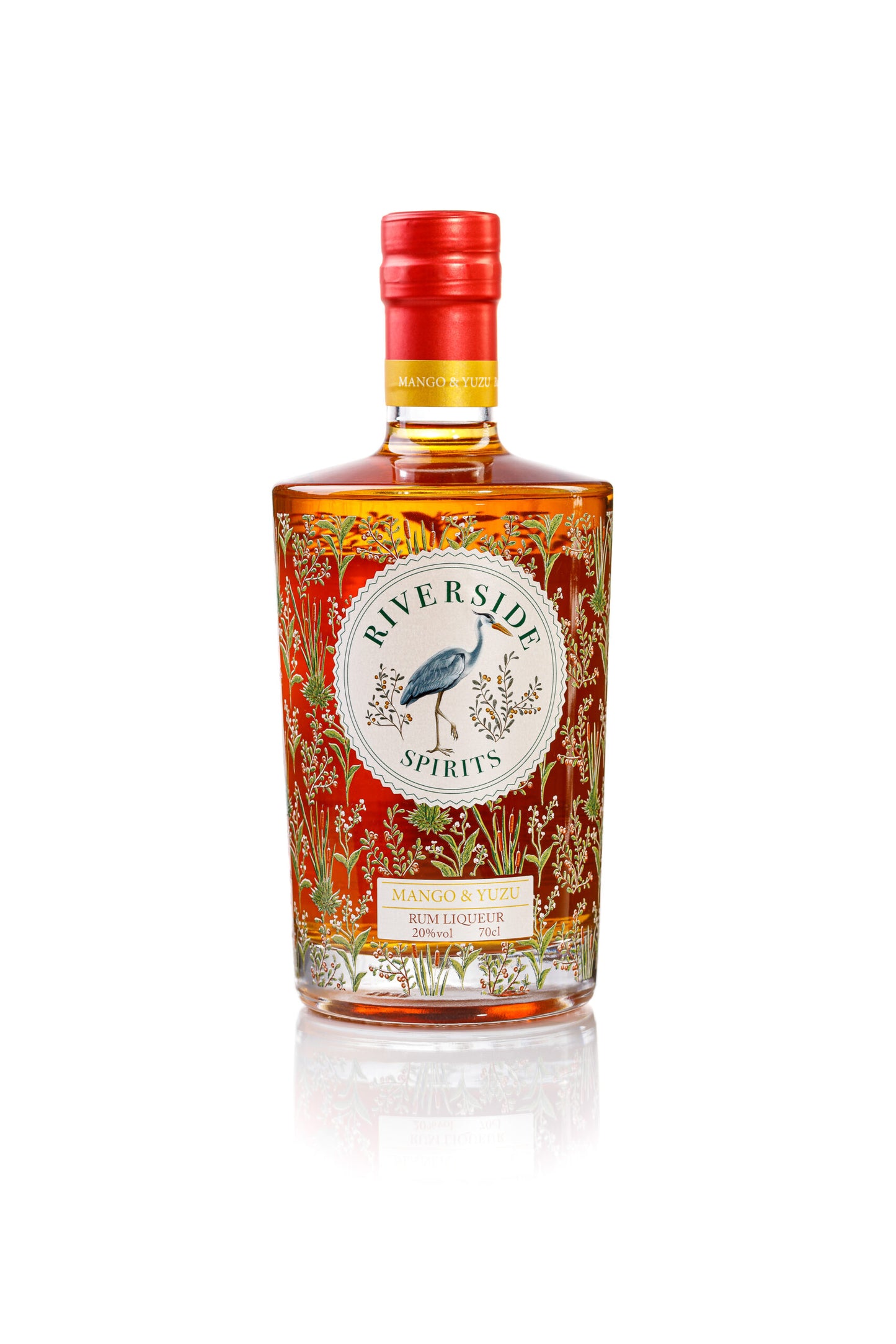 Bottle of Riverside Spirits Mango & Yuzu rum liqueur on a white background