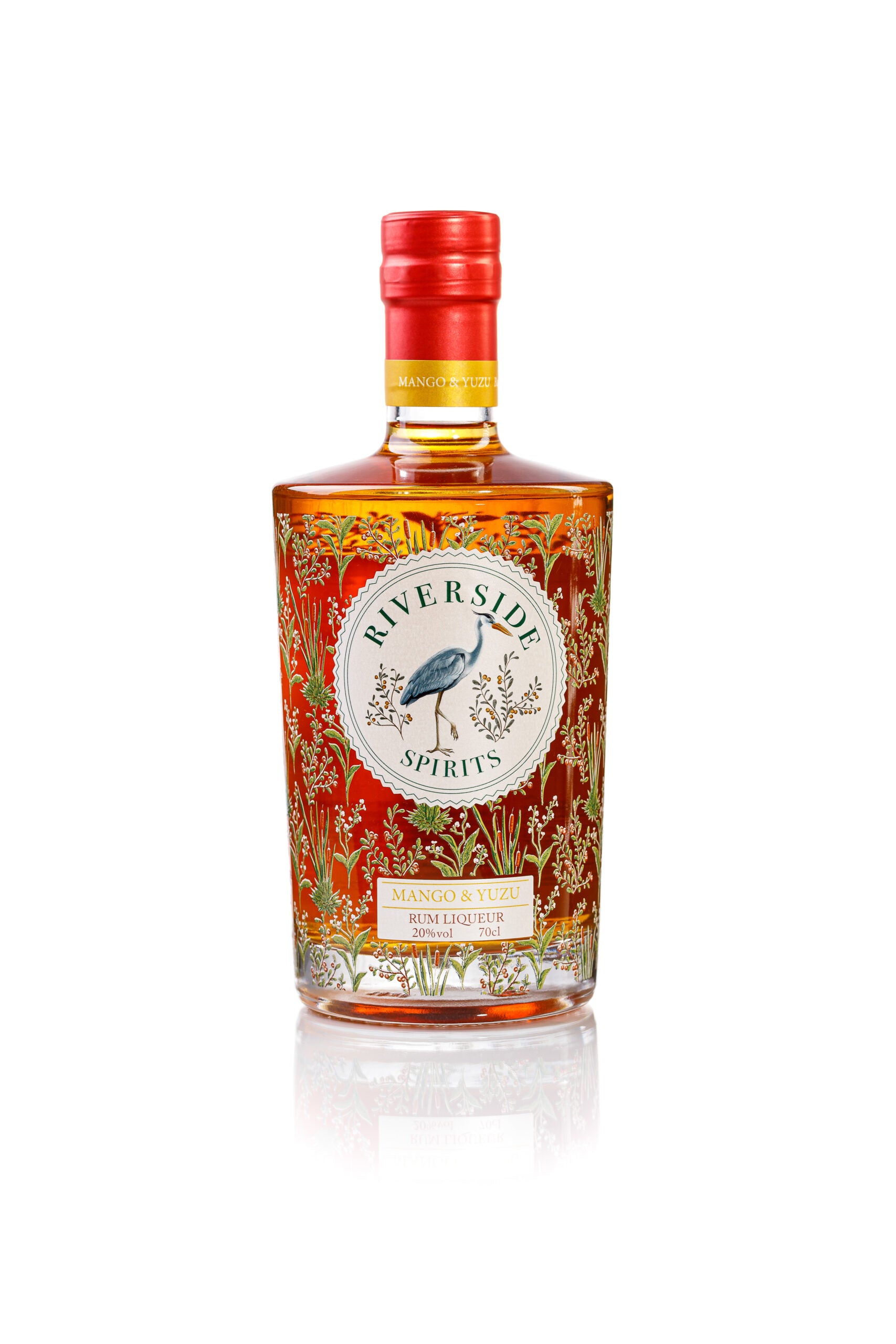 Bottle of Riverside Spirits Mango & Yuzu rum liqueur on a white background