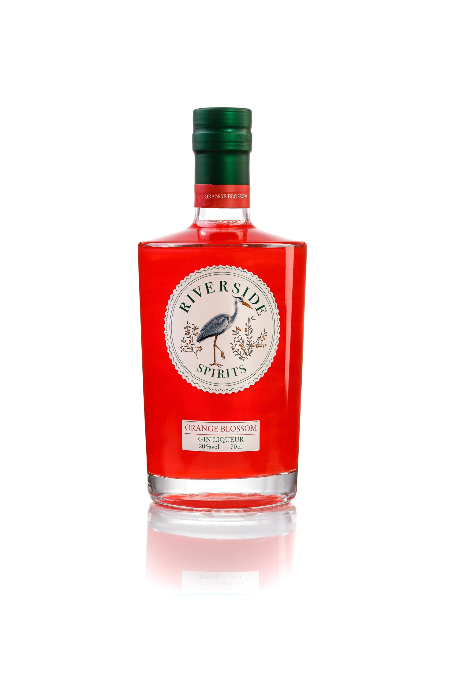 Red bottle of Riverside Spirits Orange Blossom Gin Liqueur on a white background