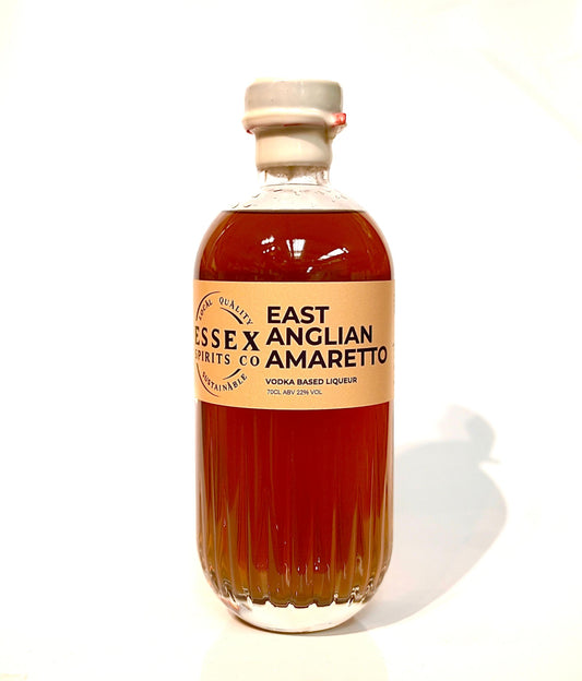 Bottle of East Essex Anglian Amaretto on a white background