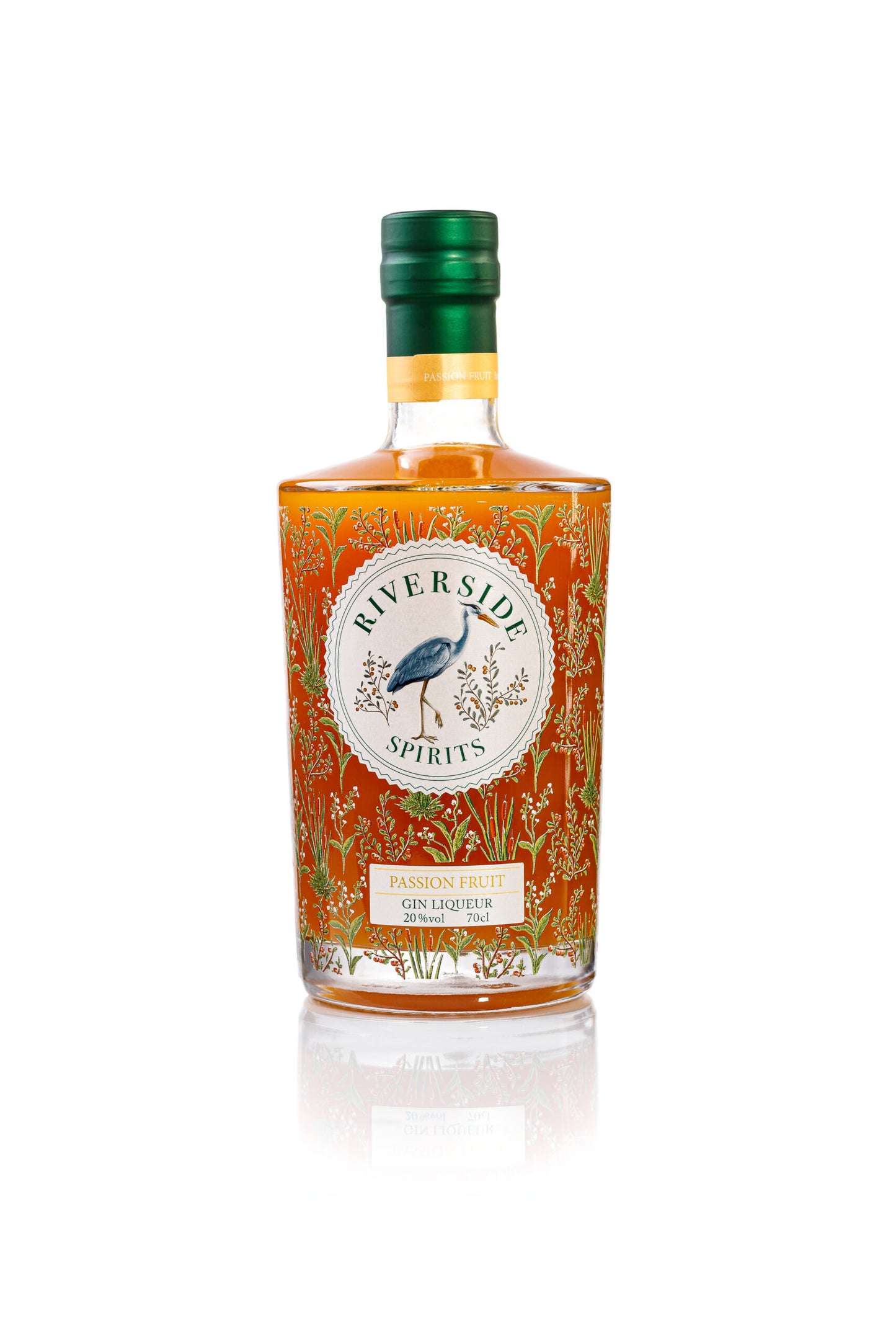 Bottle of Riverside Spirits Passion Fruit Gin Liqueur on a white background
