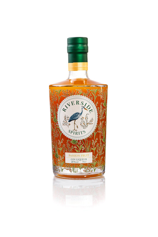 Bottle of Riverside Spirits Passion Fruit Gin Liqueur on a white background