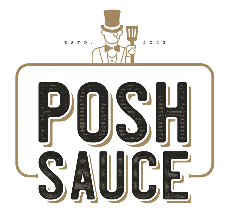 Logo for 'Posh Sauce' with a vintage-style illustration of a person in a top hat holding a spatula.