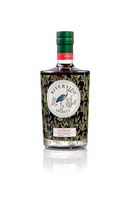 Bottle of Riverside Spirits Raspberry Gin Liqueur on a white background