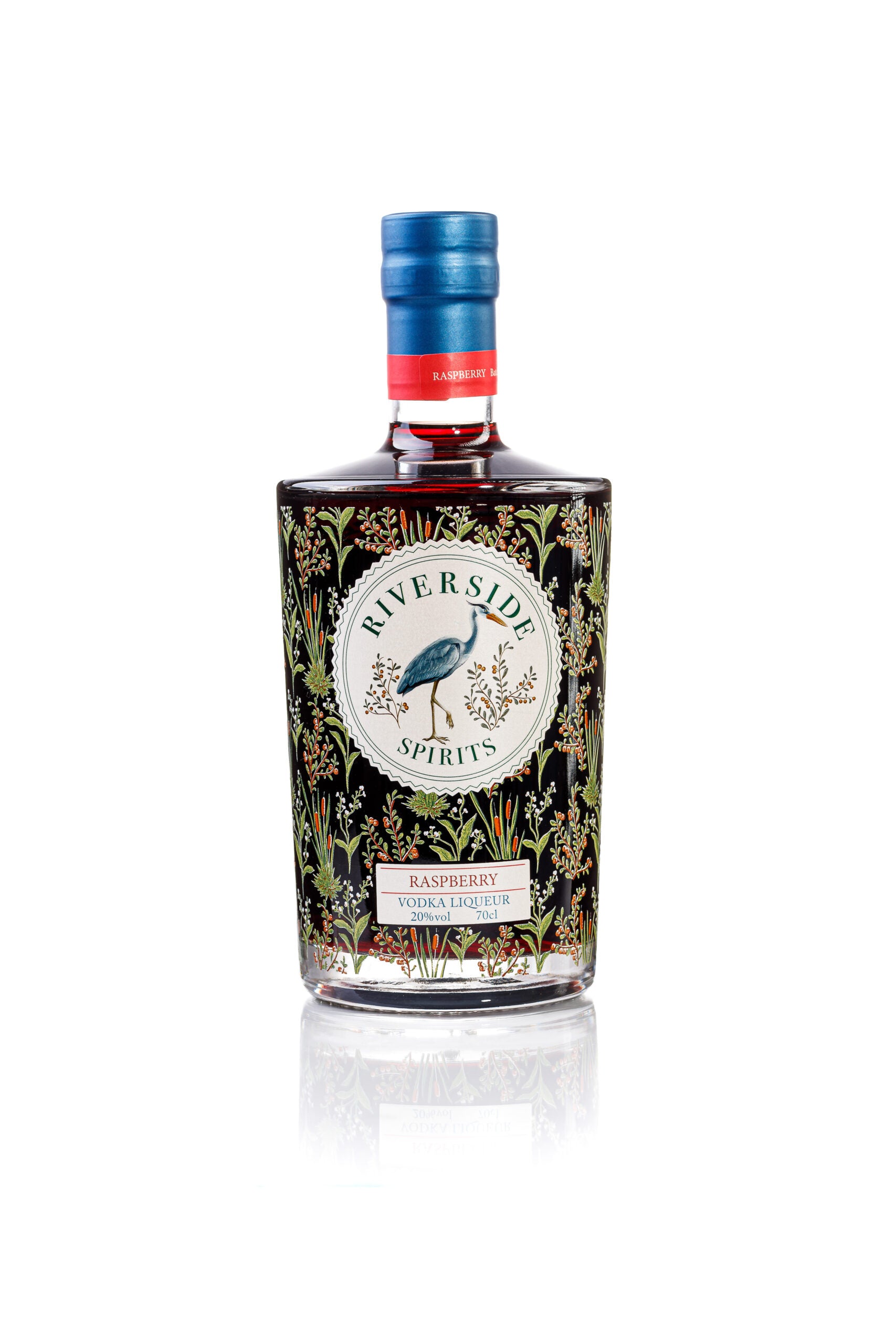 Riverside Spirits bottle of Raspberry Vodka Liqueur on white background