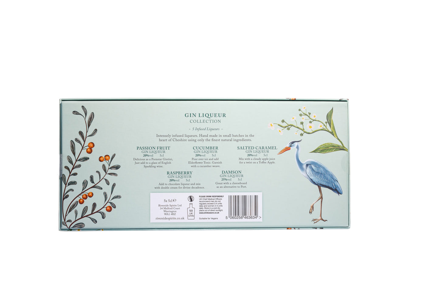 Gin liqueur packaging with botanical illustrations and a label on a white background