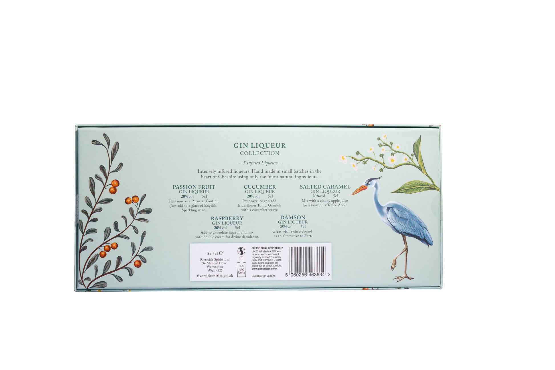 Gin liqueur packaging with botanical illustrations and a label on a white background