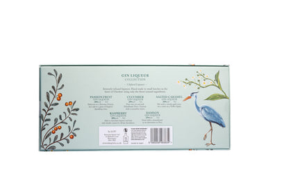 Gin liqueur packaging with botanical illustrations and a label on a white background