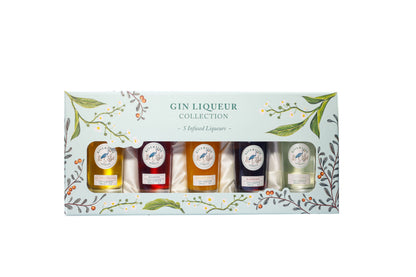 Gin Liqueur Collection gift set with miniature bottles on a decorative box