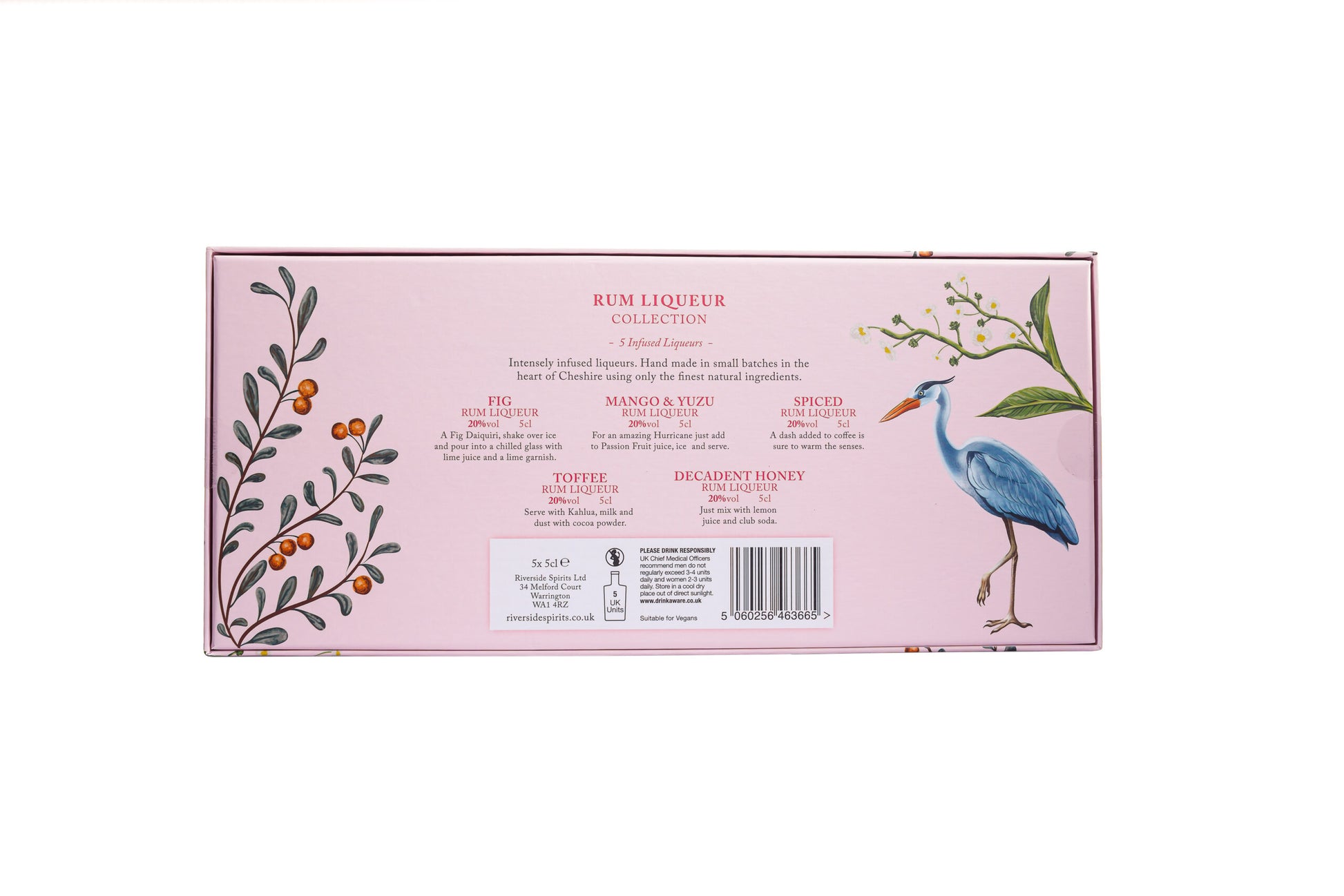Product packaging with a pink background, bird illustration, and text for the rum liqueur gift set available at Stort Valley Gifting