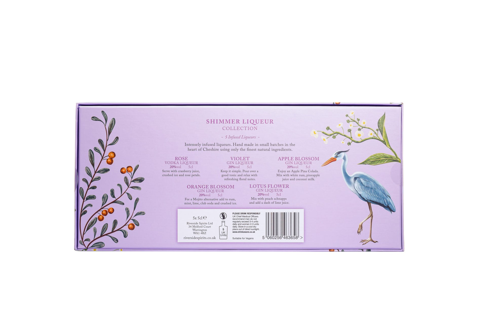 Riverside Spirits Shimmer Liqueur Purple box with botanical illustrations and text on a white background