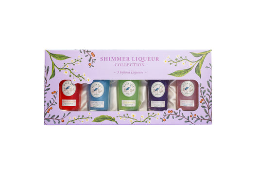 Riverside Spirits Set of mini bottles in a decorative box labeled 'Shimmer Liqueur Collection' on a white background available at Stort Valley Gifting