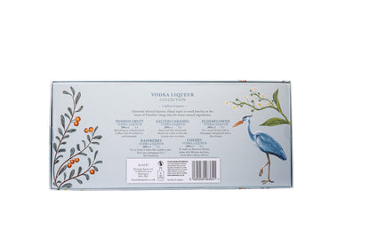 Vodka Liqueur Product label with botanical illustrations and text on a white background available at Stort Valley Gifting