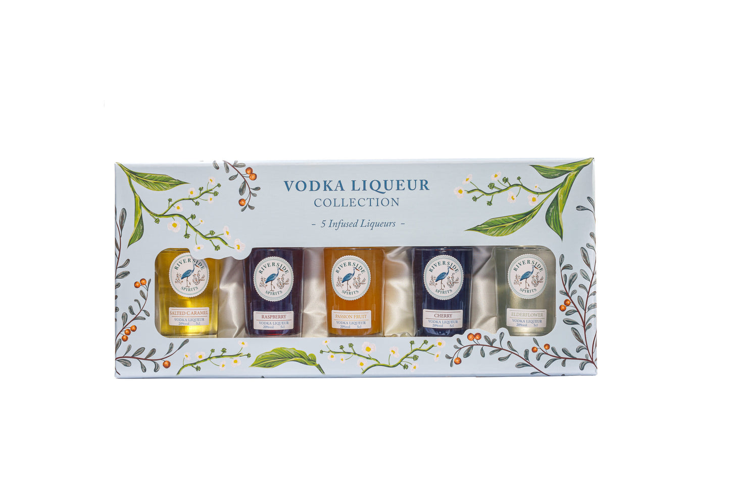 Packaged Riverside Spirits vodka liqueur collection with decorative box on a white background available at Stort Valley Gifting