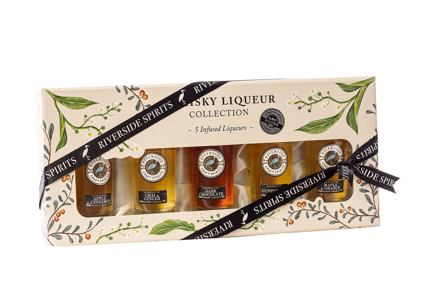 Packaged set of Riverside Spirits whisky liqueur collection on a white background