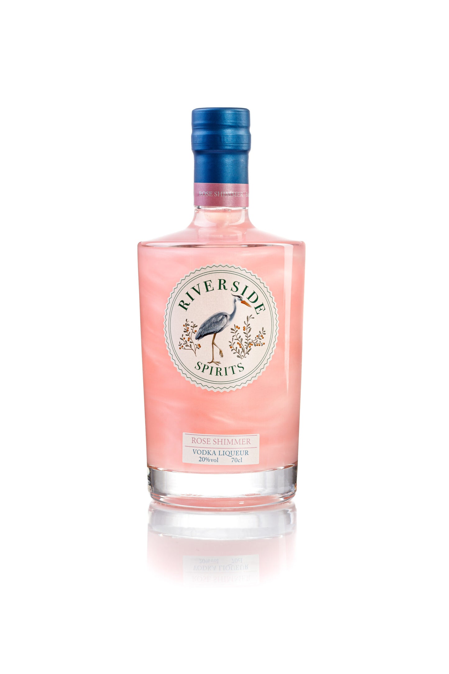 Pink bottle of Riverside Spirits Rose Vodka Liqueur on a white background