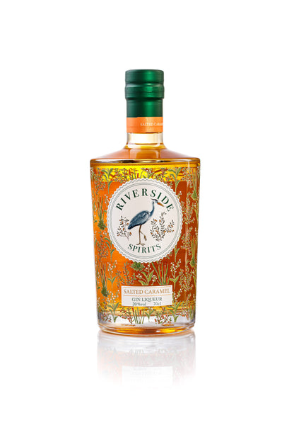 Bottle of Riverside Spirits Salted Caramel Gin Liqueur on a white background