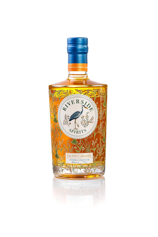Bottle of Riverside Spirits Salted Caramel Vodka Liqueur liqueur on a white background