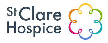 St Clare Hospice logo with a colorful flower design on a white background