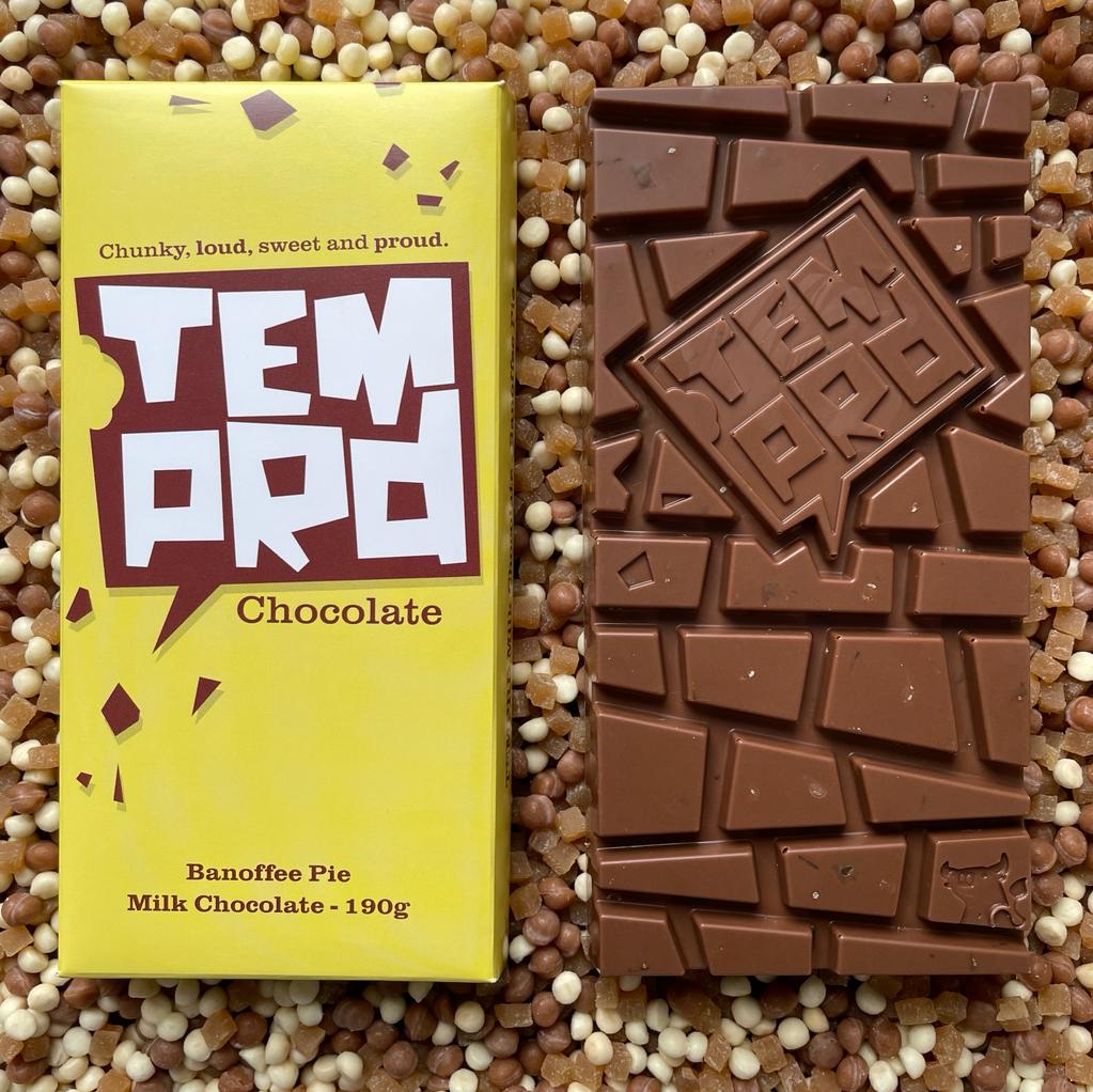 Banoffee Pie Chocolate bar with 'TEMRD' packaging on a textured surface available from Stort Valley Gifting