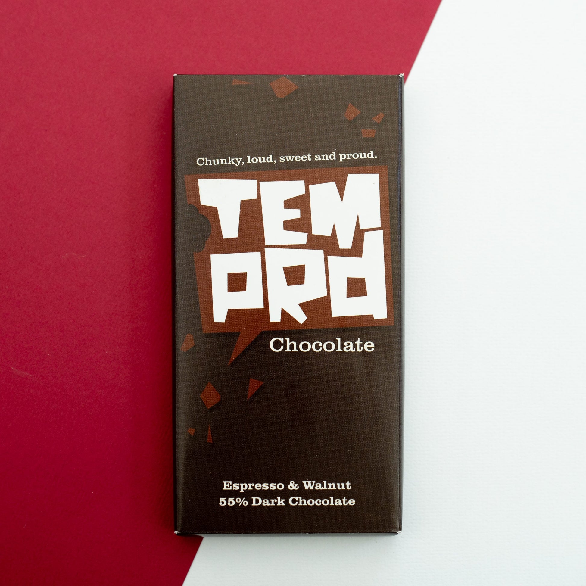 Temprd Espresso & Walnut Dark Chocolate bar on a red and white background available from Stort Valley Gifting