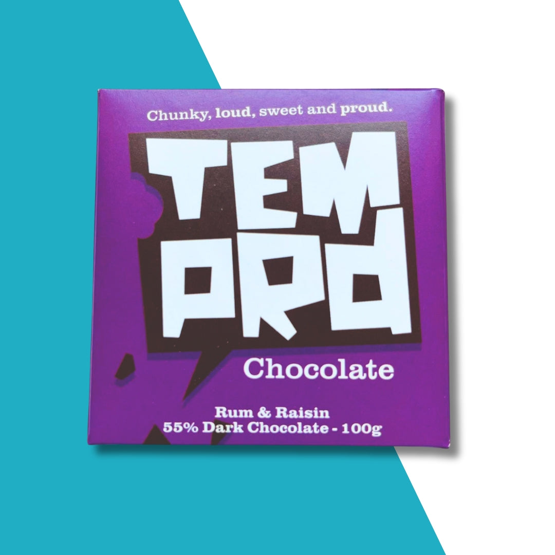 Temprd Rum & Raisin Dark Chocolate bar with purple packaging on a teal and white background available from Stort Valley Gifting